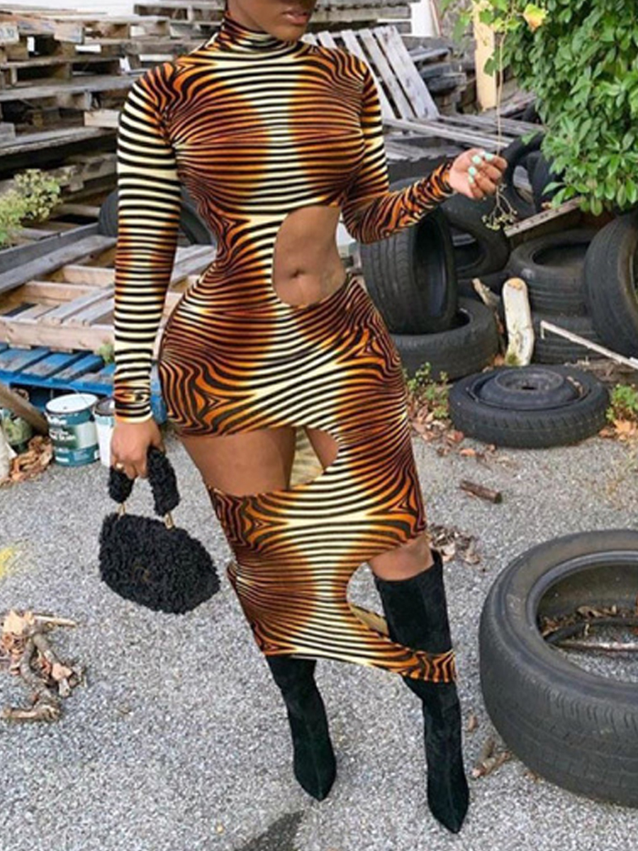 

lovely Stylish Turtleneck Striped Print Coffee Ankle Length Dress(Batch Print