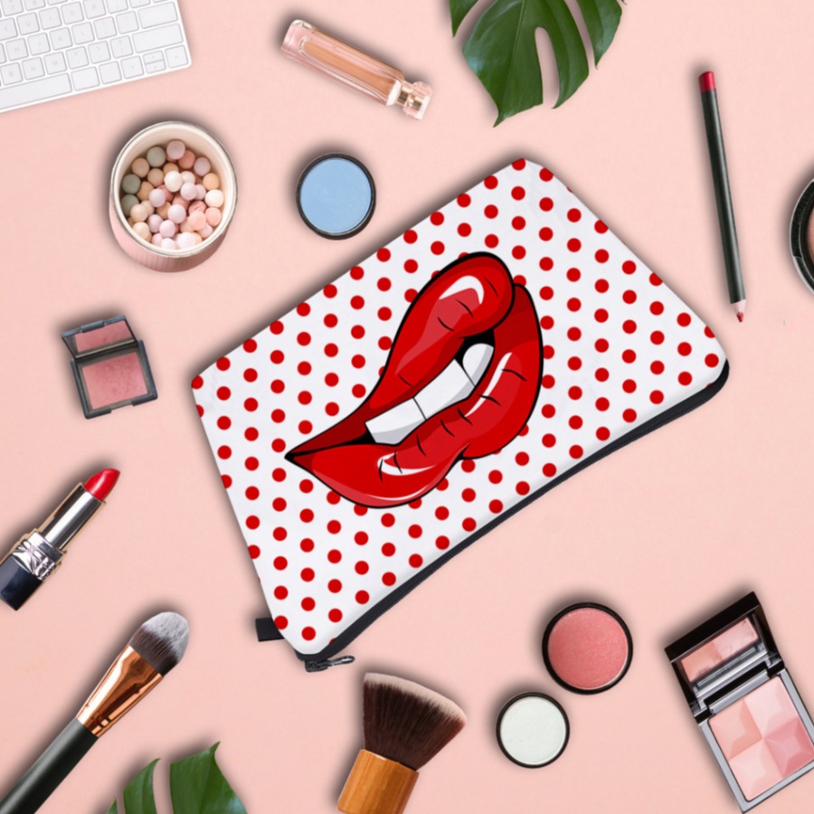 

lovely Stylish Zipper Design Lip Print Red Makeup Bags