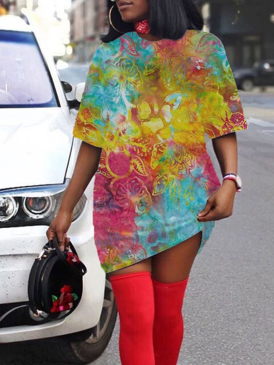 

lovely Casual O Neck Tie-dye Yellow Mini Dress