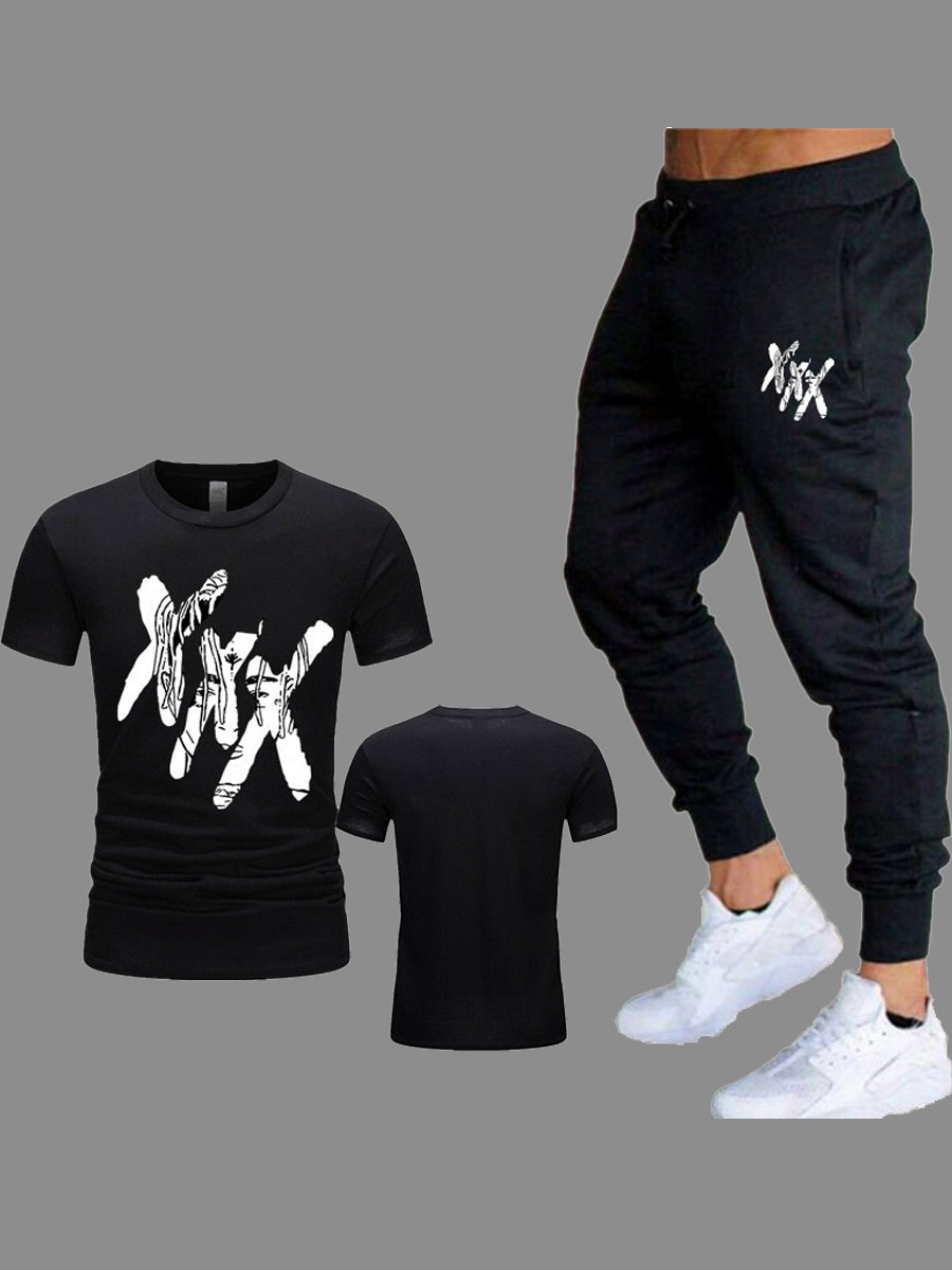 

lovely Sportswear O Neck Print Black Men Two-piece Pants Set