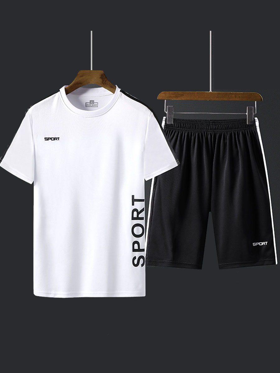 

lovely Sportswear O Neck Letter Print White Men Two-piece Shorts Set