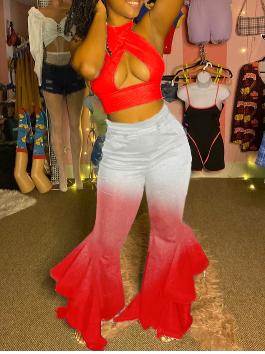 

lovely Sexy Gradient Hollow-out Red Two Piece Pants Set
