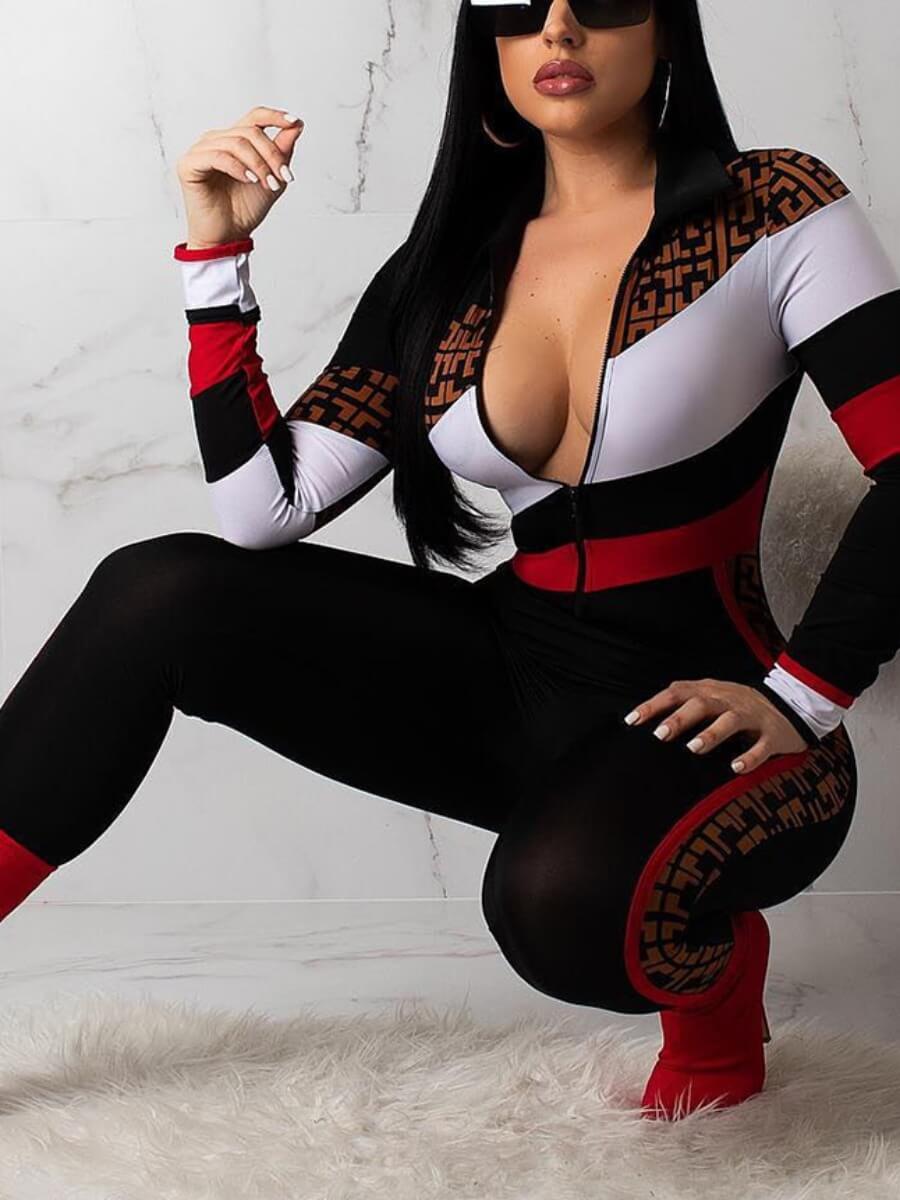 

Lovely Sportswear Turndown Collar Patchwork Black One-piece Jumpsuit