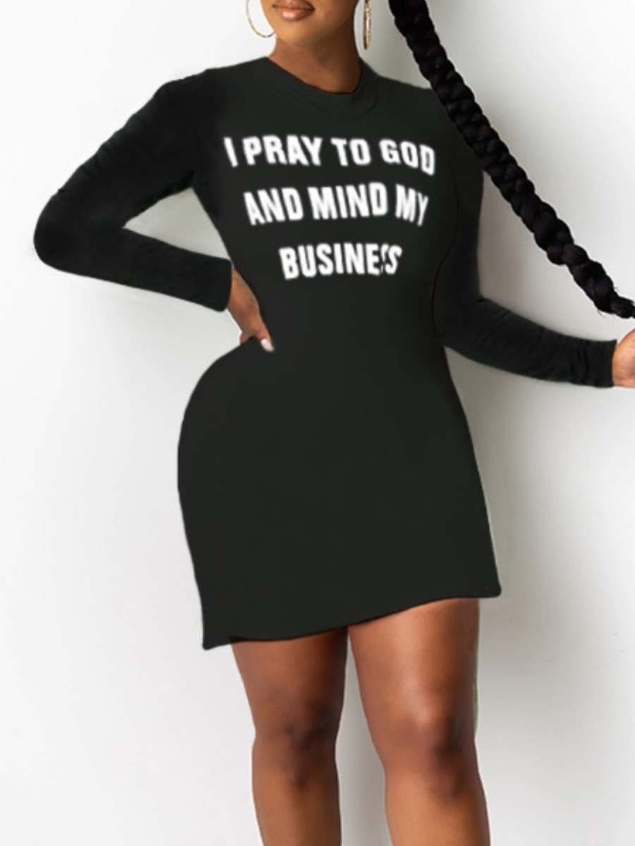 

lovely Casual O Neck Letter Print Black Mini Dress