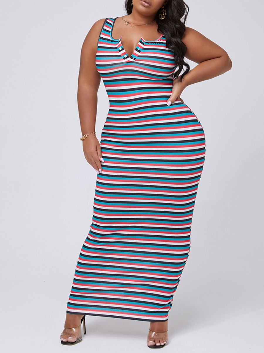

lovely Sexy Striped Blue Ankle Length Plus Size Dress