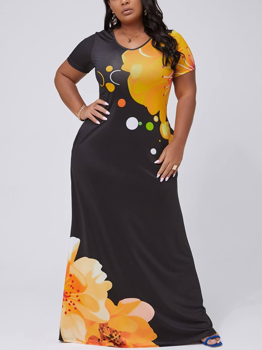 

Lovely Plus Size Casual V Neck Print Yellow Ankle Length Dress