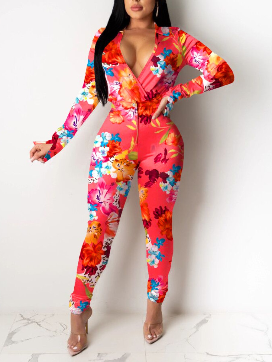 

lovely Trendy Plants Print Skinny Red Two Piece Pants Set