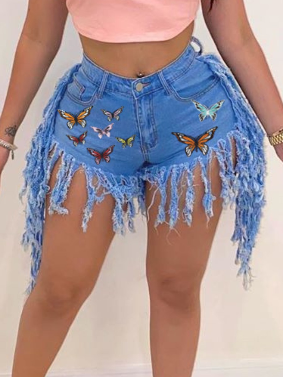 

lovely Casual Butterfly Print Tassel Design Baby Blue Denim Shorts