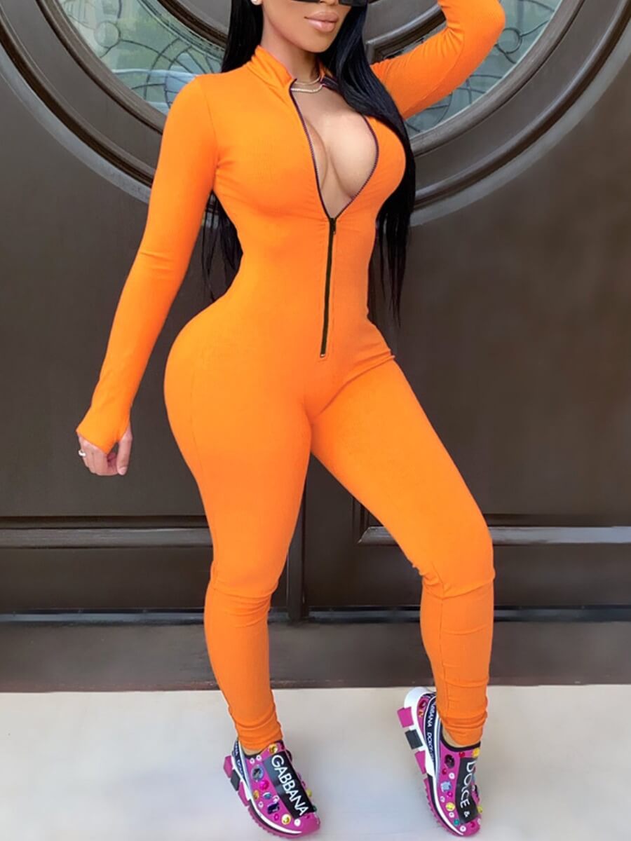 

LW Sportswear Zipper Design Orange Red One-piece Jumpsuit