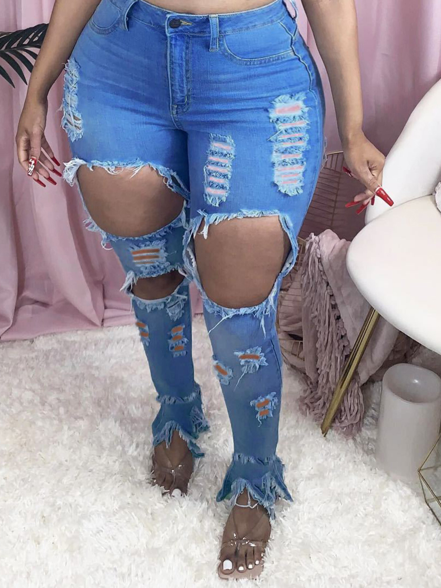 

LW Plus Size High Stretchy Hollow-out Blue Jeans