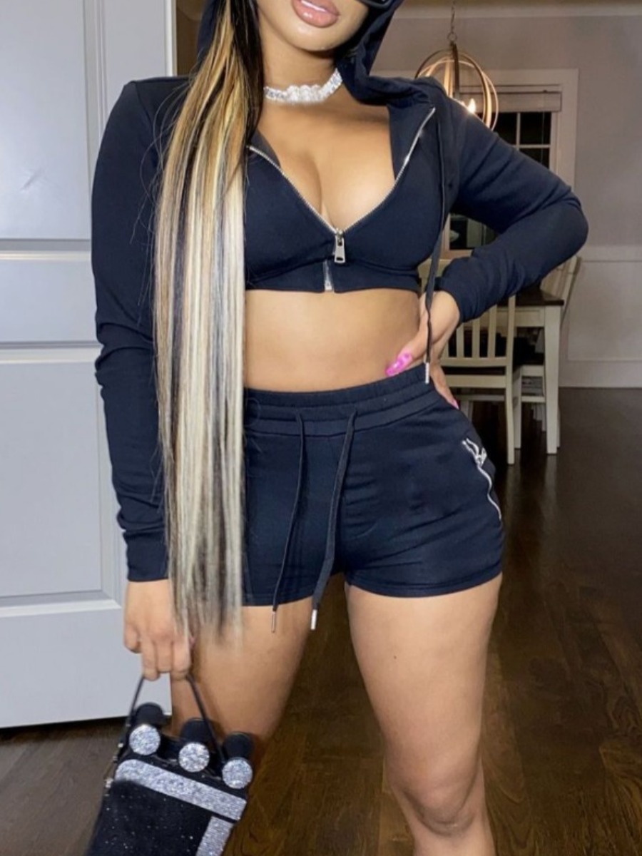 

lovely Sportswear Zipper Design Black Two Piece Shorts Set