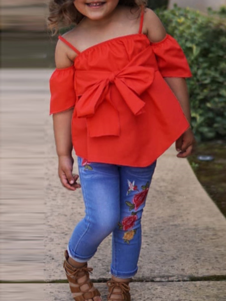 

lovely Casual Hollow-out Bow-Tie Red Girl Two-piece Pants Set