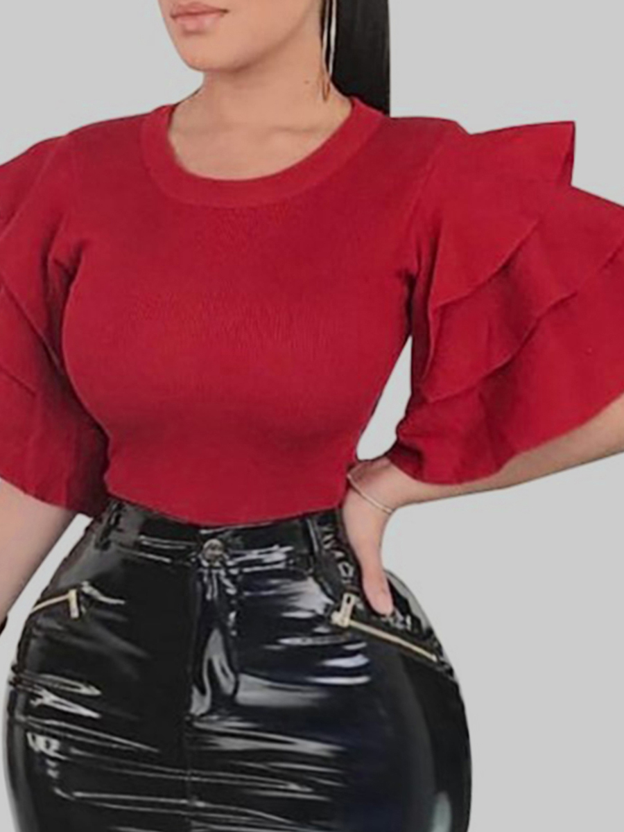 

lovely Sweet O Neck Flounce Design Red Plus Size Blouse