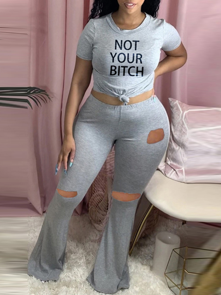 

LW Plus Size Leisure O Neck Letter Print Broken Holes Grey Two-piece Pants Set