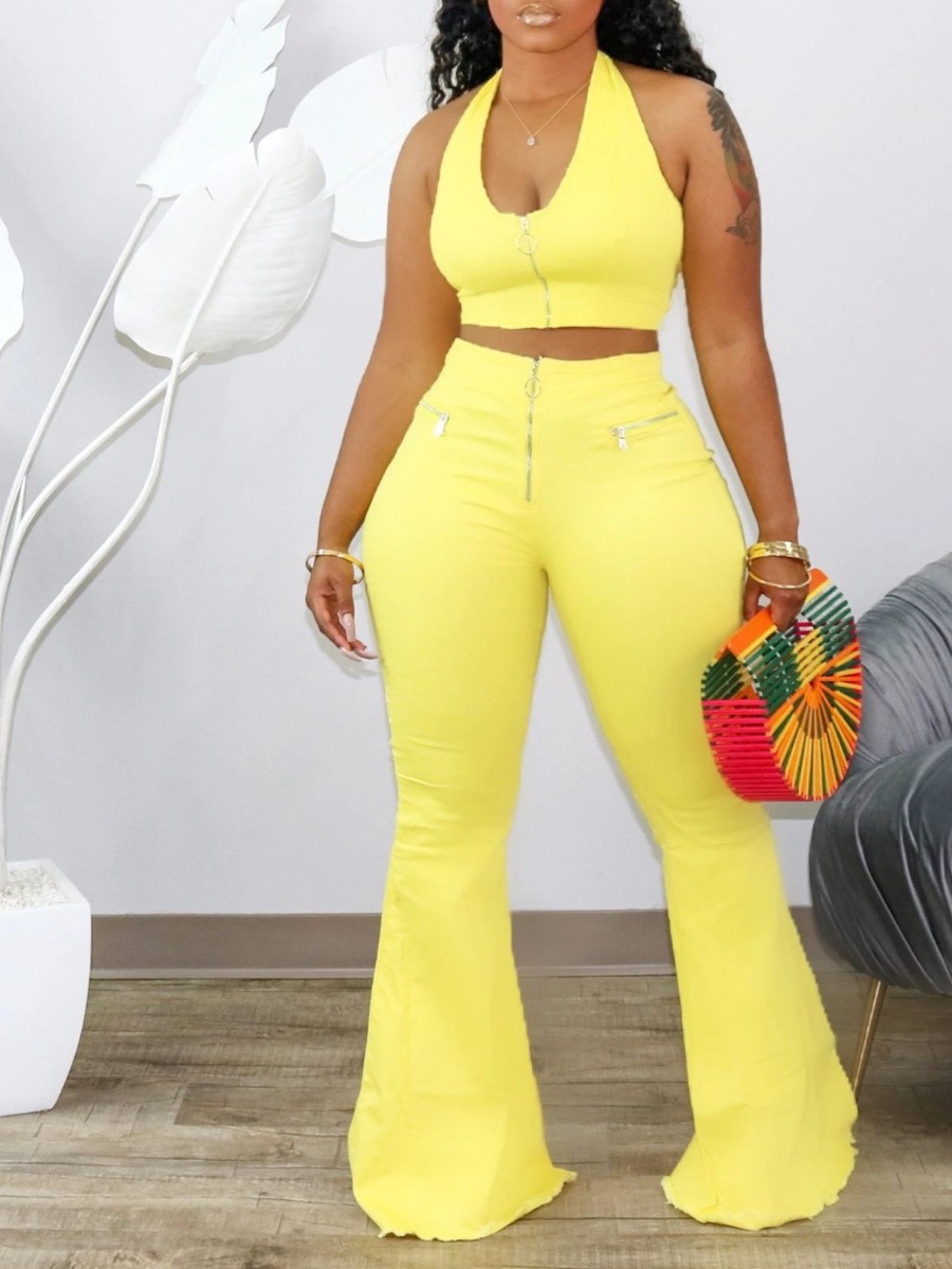 

lovely Trendy Backless Zipper Design Yellow Two Piece Pants Set