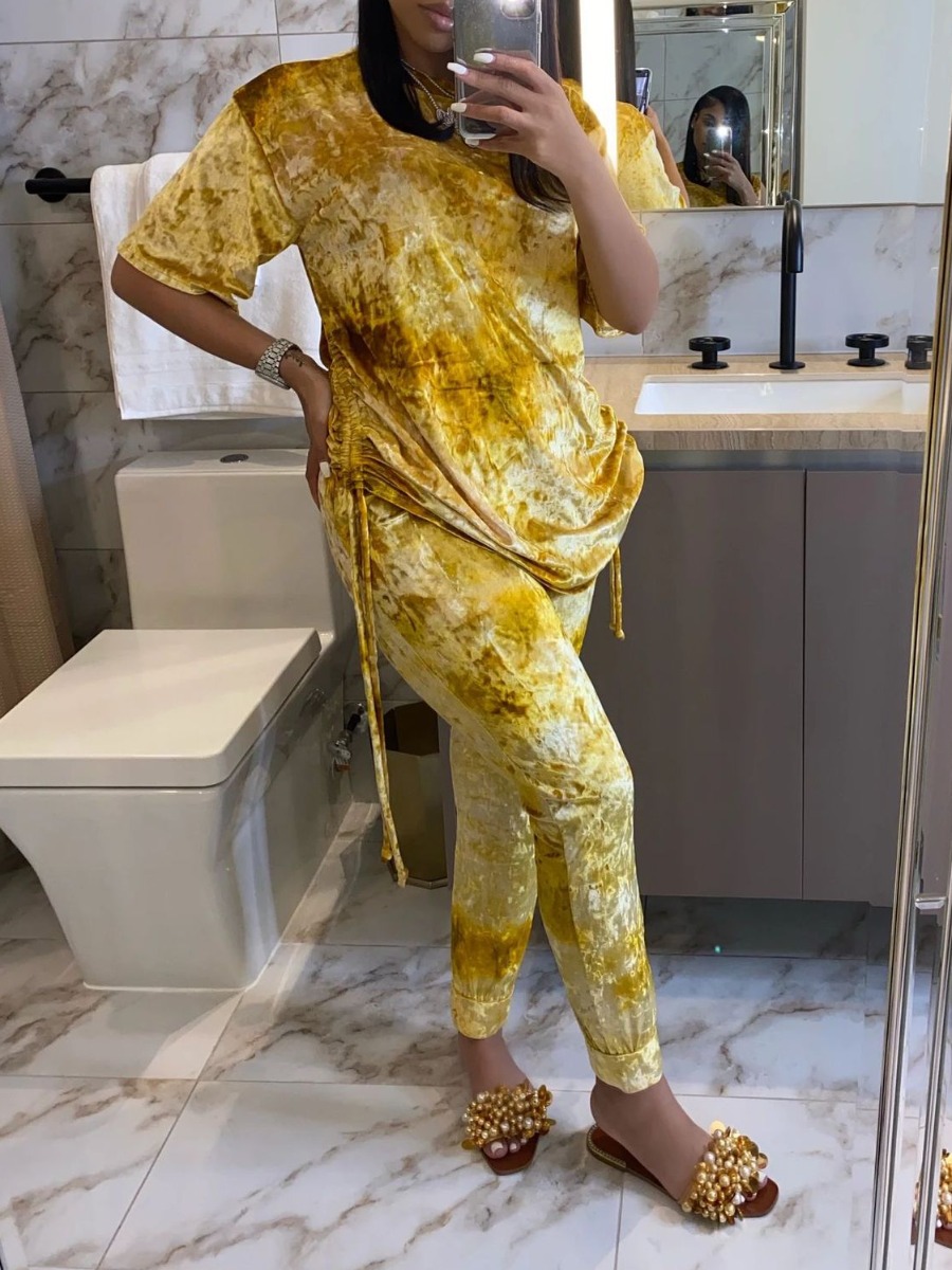 

lovely Trendy O Neck Tie Dye Drawstring Yellow Two Piece Pants Set