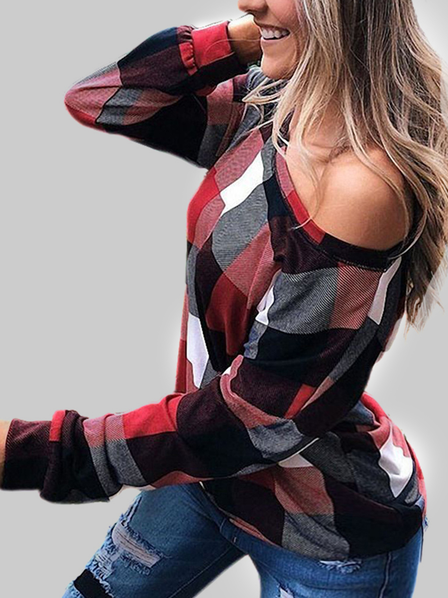 

lovely Casual Grid Print Red Plus Size Blouse