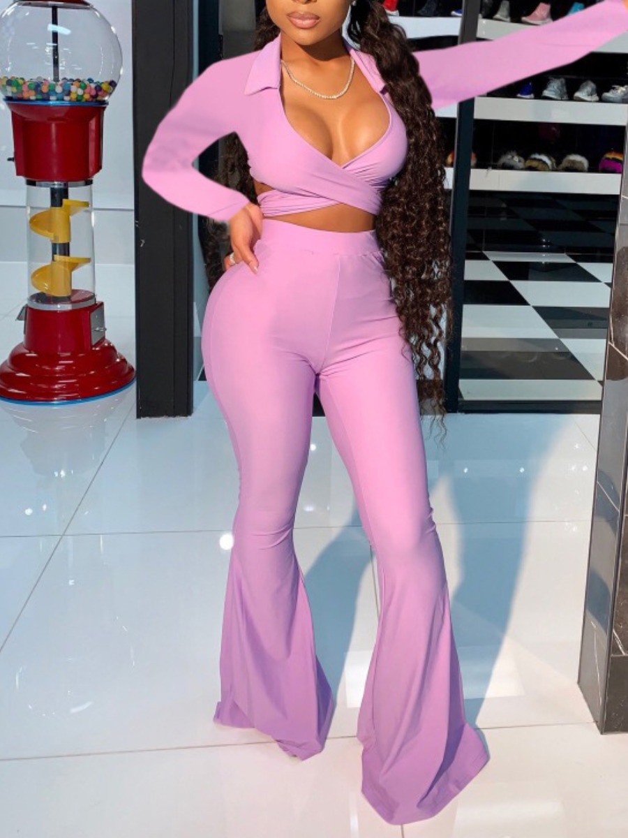 

lovely Trendy Turndown Collar Cross-over Design Purple Two Piece Pants Set