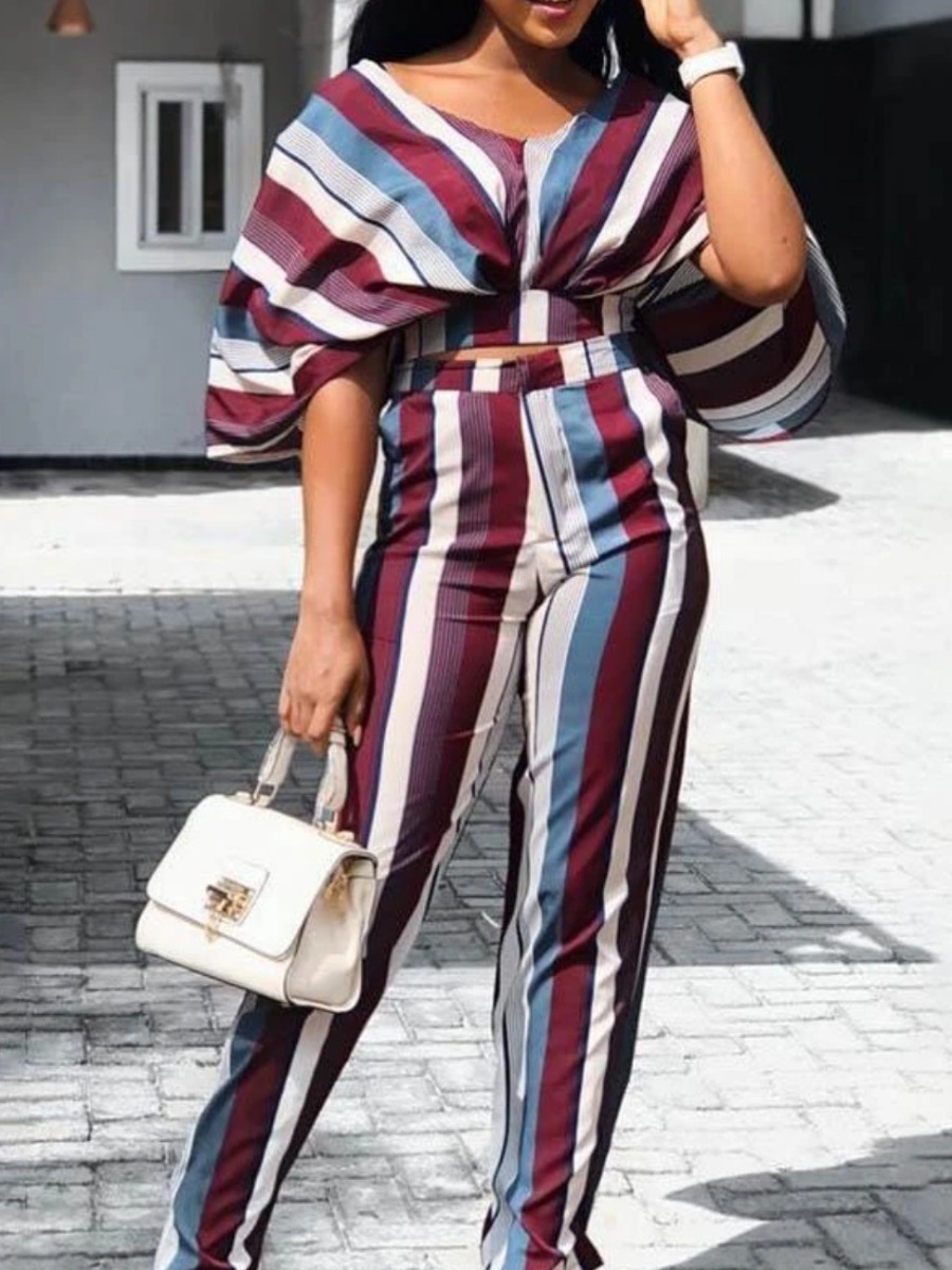 

lovely Trendy V Neck Loose Striped Two Piece Pants Set, Stripe