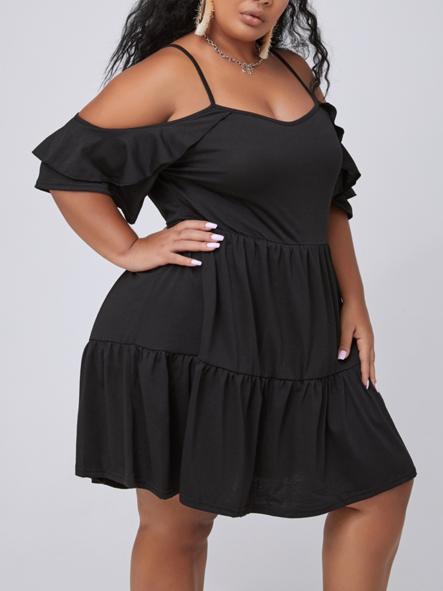 

lovely Stylish Hollow-out Flounce Design Black Plus Size Dress