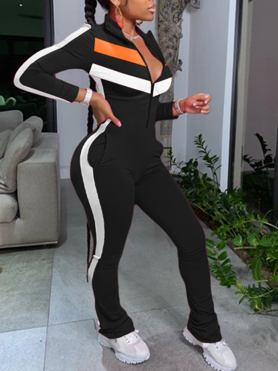 

lovely Sportswear Patchwork Zipper Design Black One-piece Jumpsuit