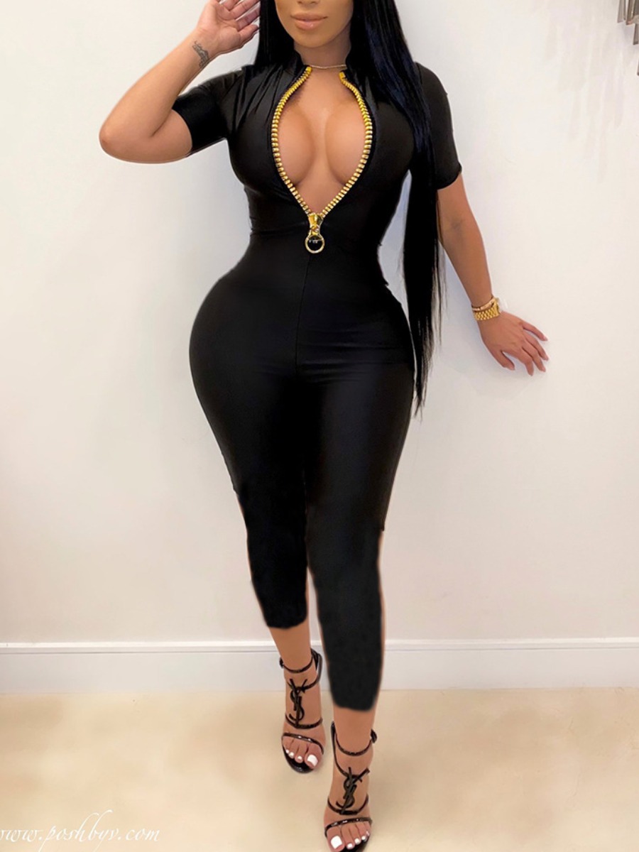 

lovely Sportswear Patchwork Zipper Design Black One-piece Jumpsuit