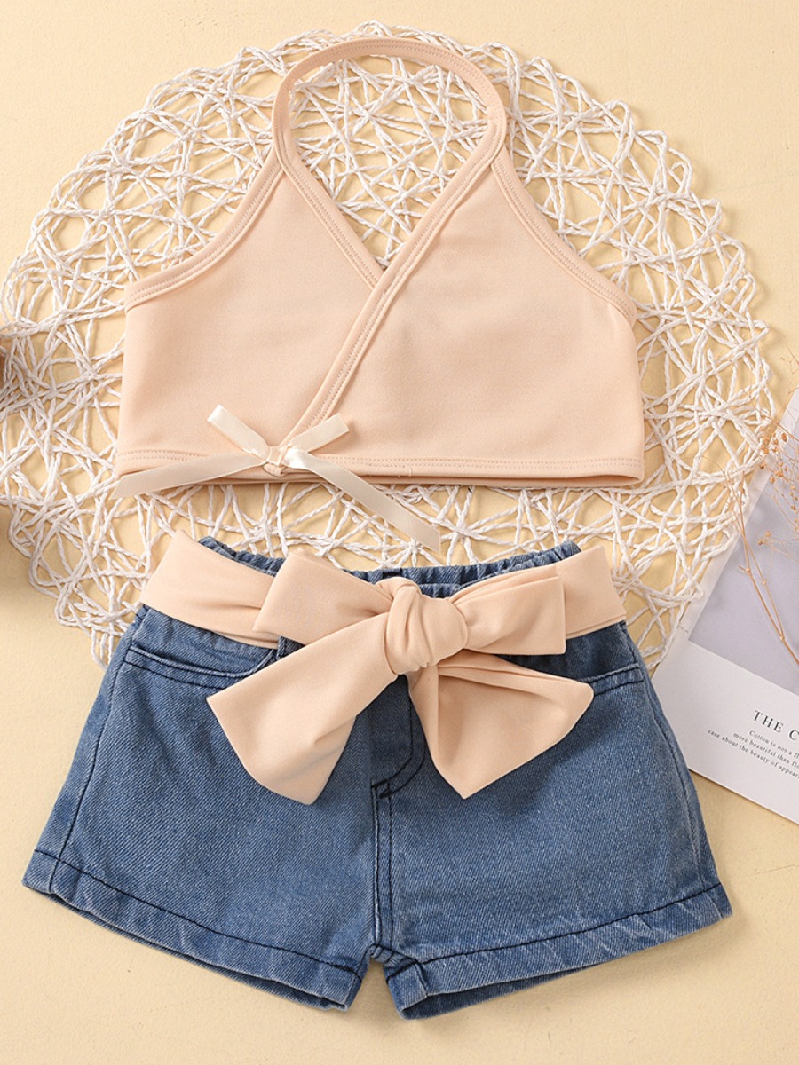 

lovely Trendy Sleeveless Backless Beige Girl Two-piece Shorts Set