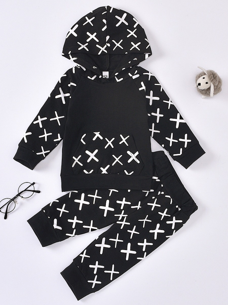 

lovely Casual Hooded Collar Print Black Boy Two-piece Pants Set