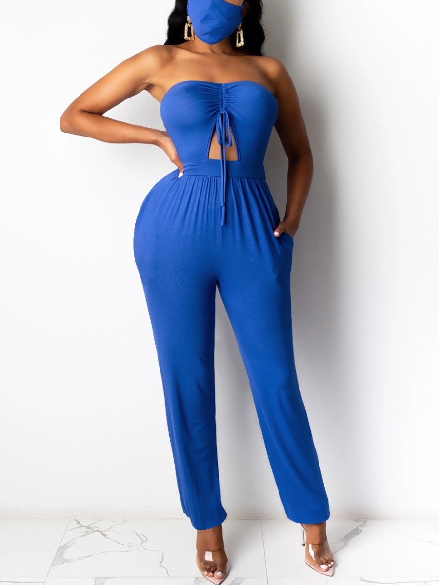 

lovely Trendy Dew Shoulder Hollow-out Deep Blue One-piece Jumpsuit(Two-piece