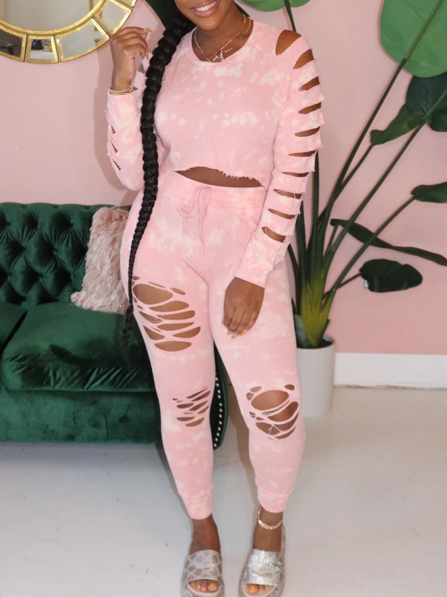 

lovely Trendy O Neck Tie Dye Tear Pink Two Piece Pants Set