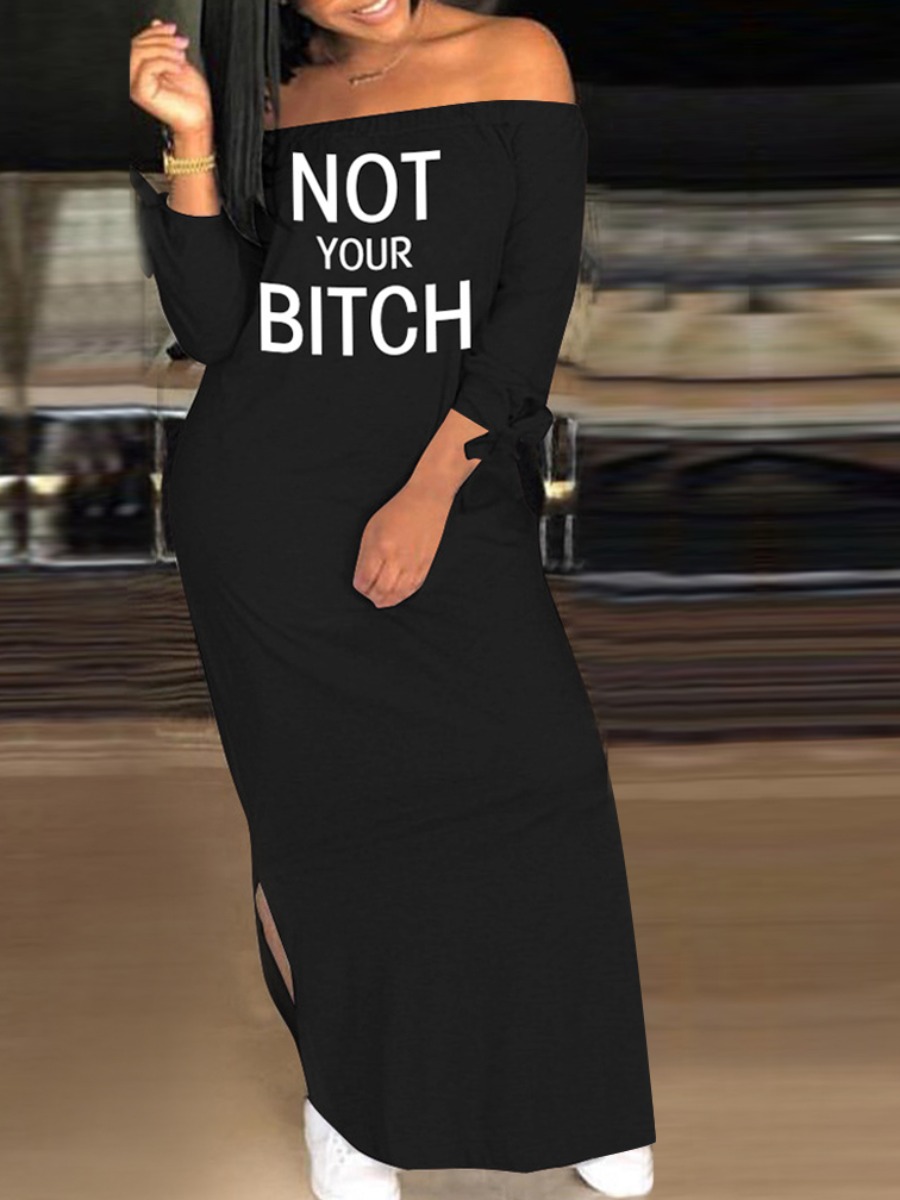 

lovely Casual Dew Shoulder Letter Print Black Ankle Length Dress