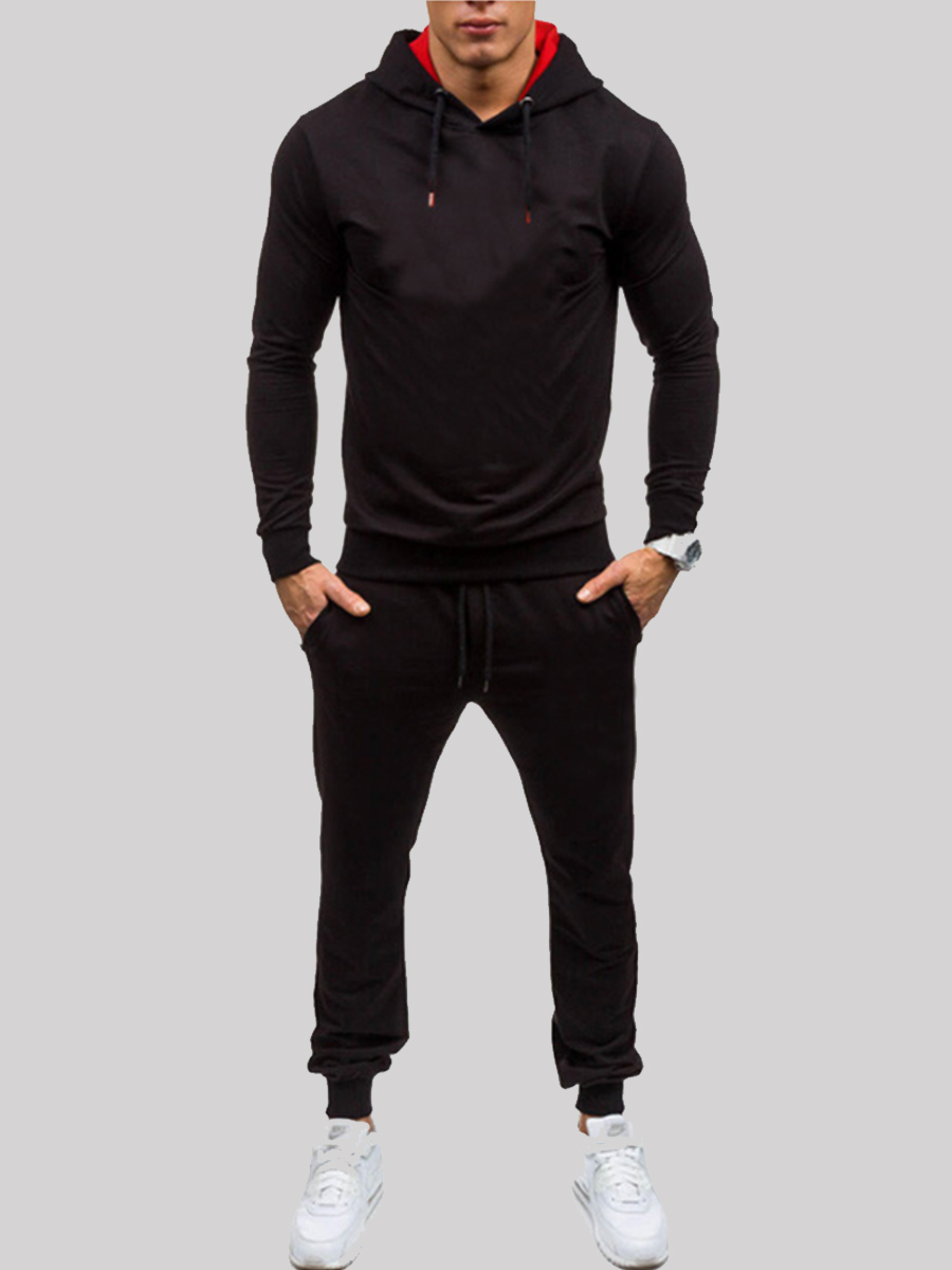

lovely Leisure Hooded Collar Basic Black Men Two-piece Pants Set
