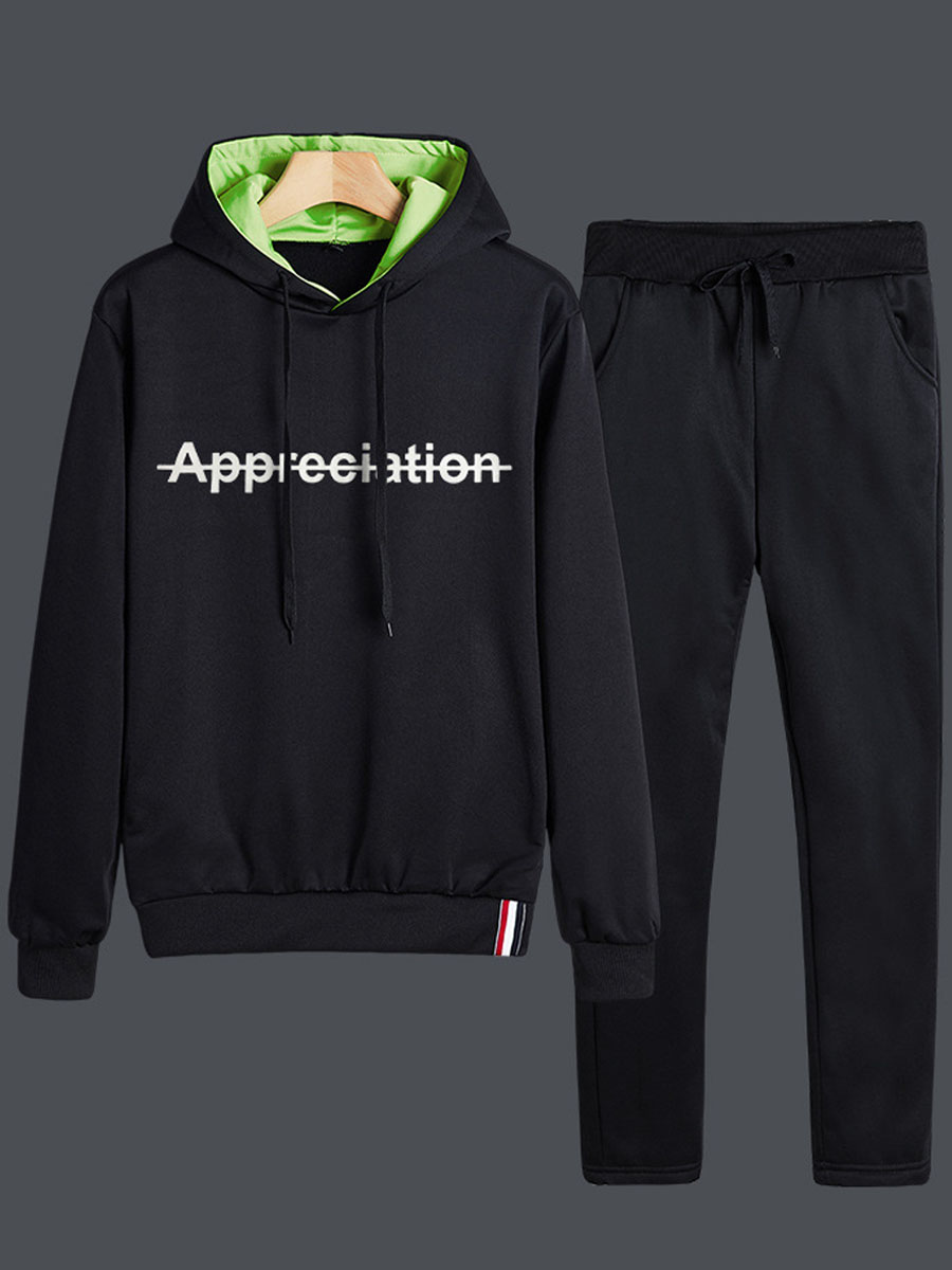 

lovely Sportswear Hooded Collar Letter Print Black Men Two-piece Pants Set