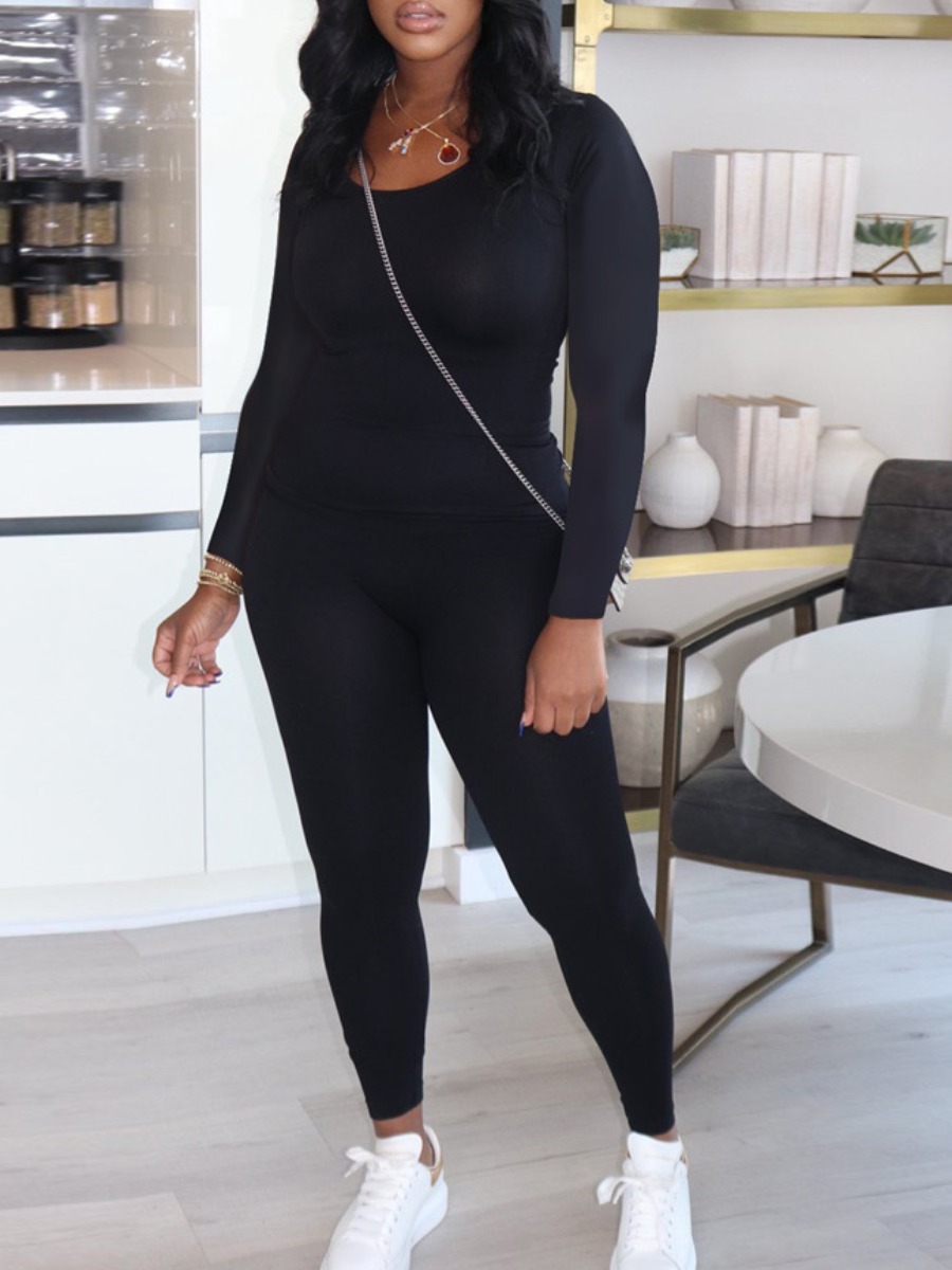 

lovely Casual O Neck Basic Skinny Black Two Piece Pants Set