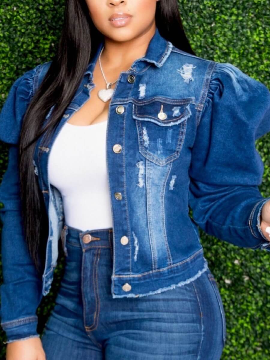 

Lovely Trendy Turndown Collar Broken Holes Deep Blue Denim Jacket