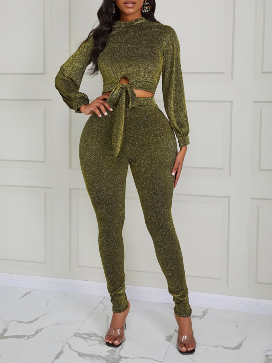 

lovely Trendy O Neck Knot Design Olive Two Piece Pants Set