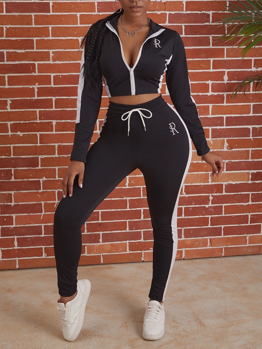 

lovely Sportswear Zipper Design Patchwork Black Two-piece Pants Set