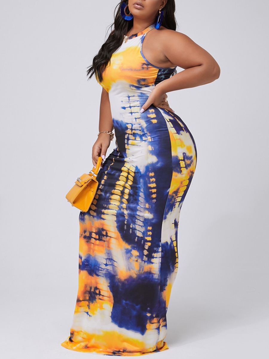 

Lovely Street Sleeveless Tie-dye Deep Blue Maxi Plus Size Dress