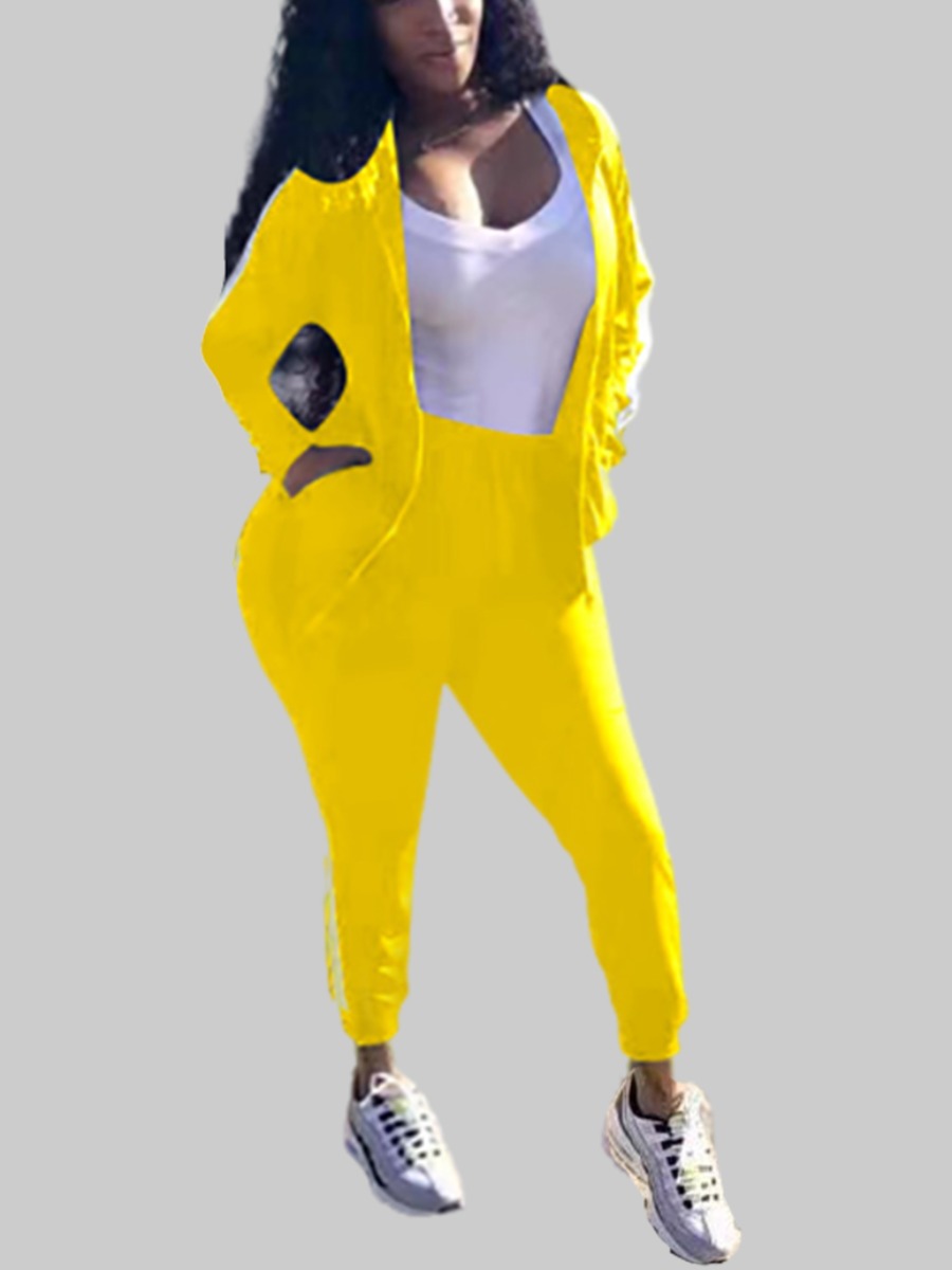 

lovely Casual Basic Skinny Yellow Plus Size Two-piece Pants Set