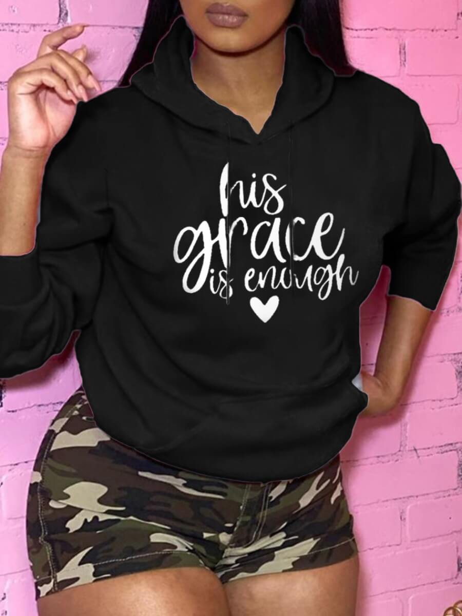 

LW Casual Hooded Collar Letter Print Black Hoodie