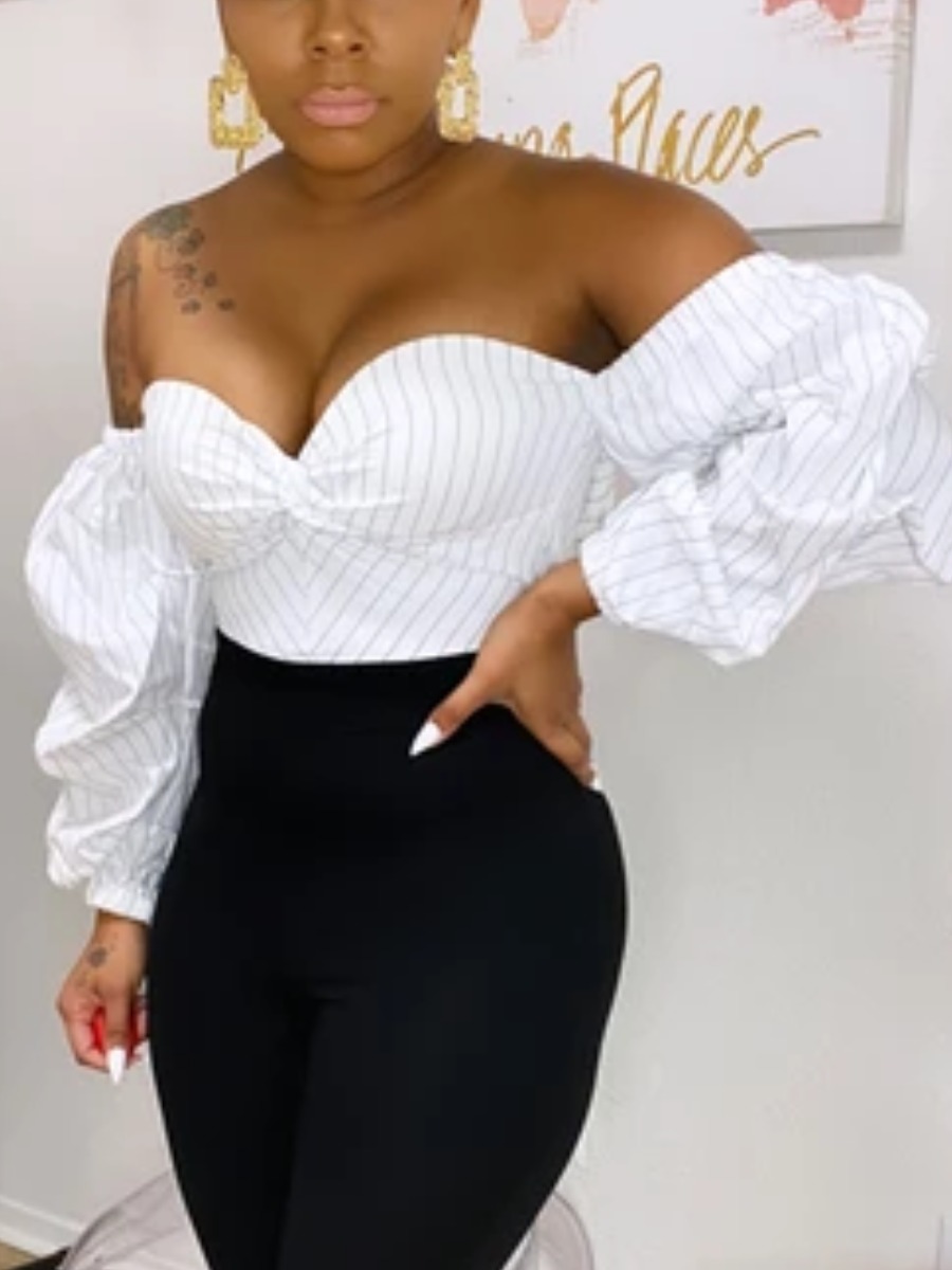 

lovely Stylish Dew Shoulder Striped White Blouse