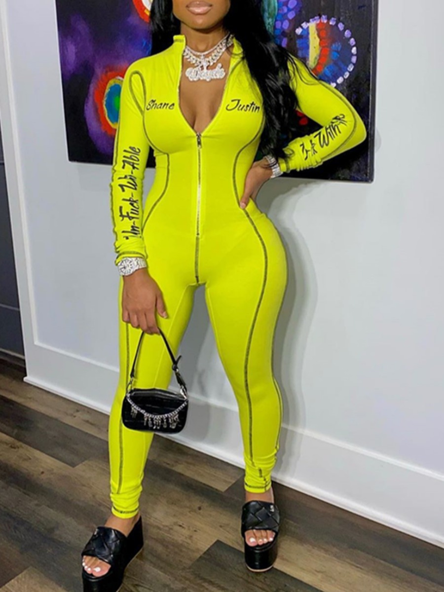 

lovely Sportswear Zipper Design Letter Print Yellow One-piece Jumpsuit