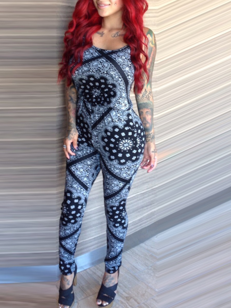 

lovely Sportswear Spaghetti Strap Print Blue One-piece Jumpsuit