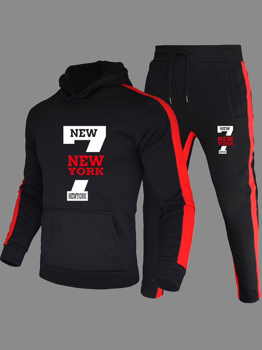 

lovely Sportswear Hooded Collar Letter Patchwork Black Men Two-piece Pants Set