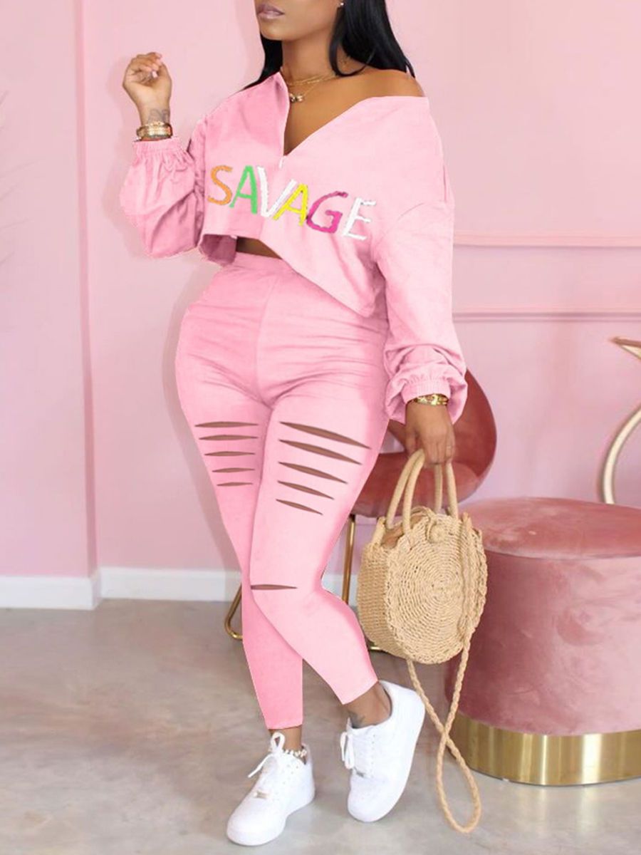 

Lovely Casual Letter Print Broken Holes Pink Plus Size Two-piece Pants Set