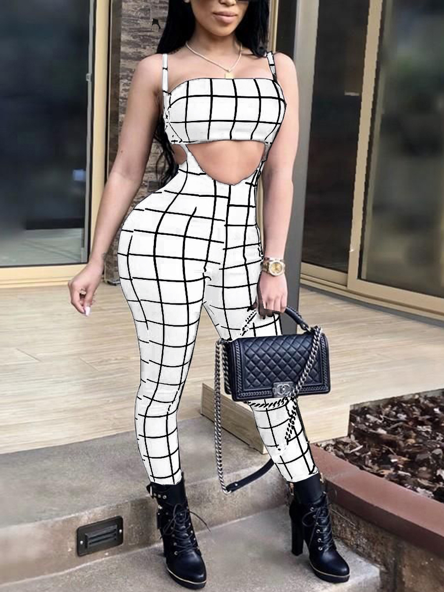 

Lovely Sexy Grid Print White Two Piece Pants Set(Batch Print