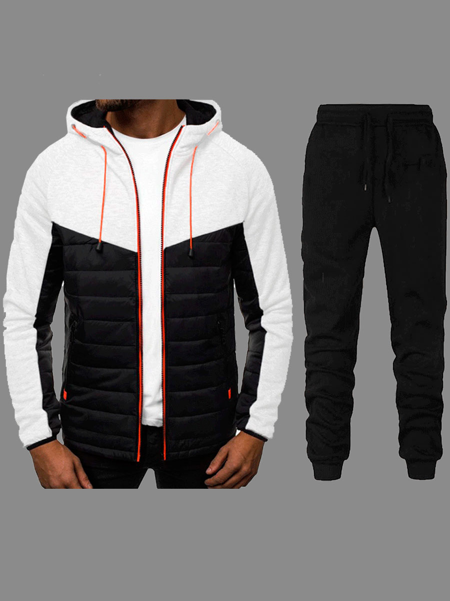 

LW Sportswear Hooded Collar Zipper Design Patchwork White Men Two-piece Pants Set