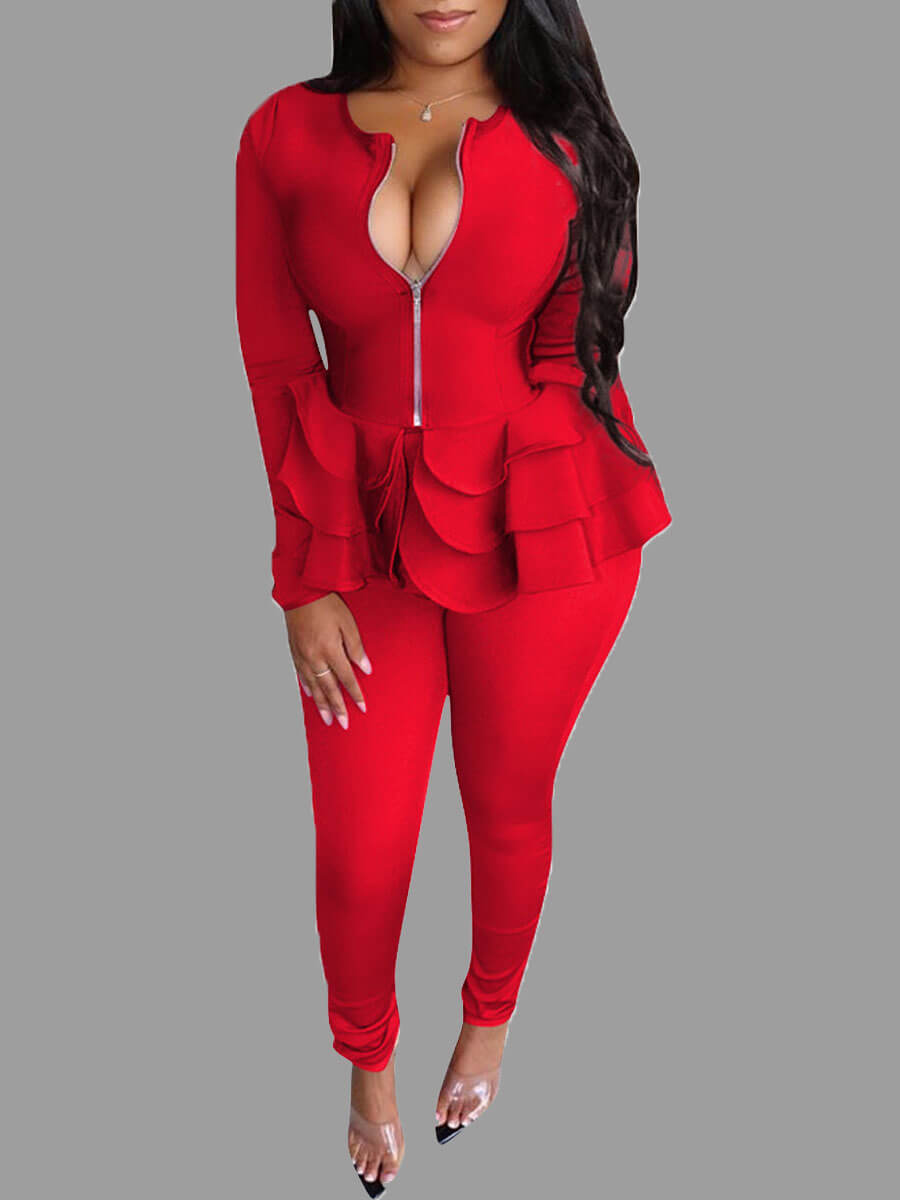 

LW Casual Flounce Design Red Two Piece Pants Set