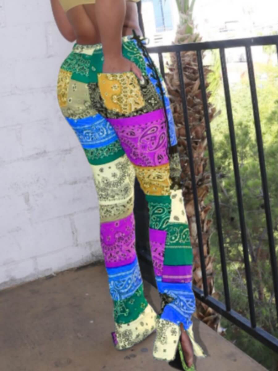 

Lovely Bohemian Print Color-lump Patchwork Yellow Pants