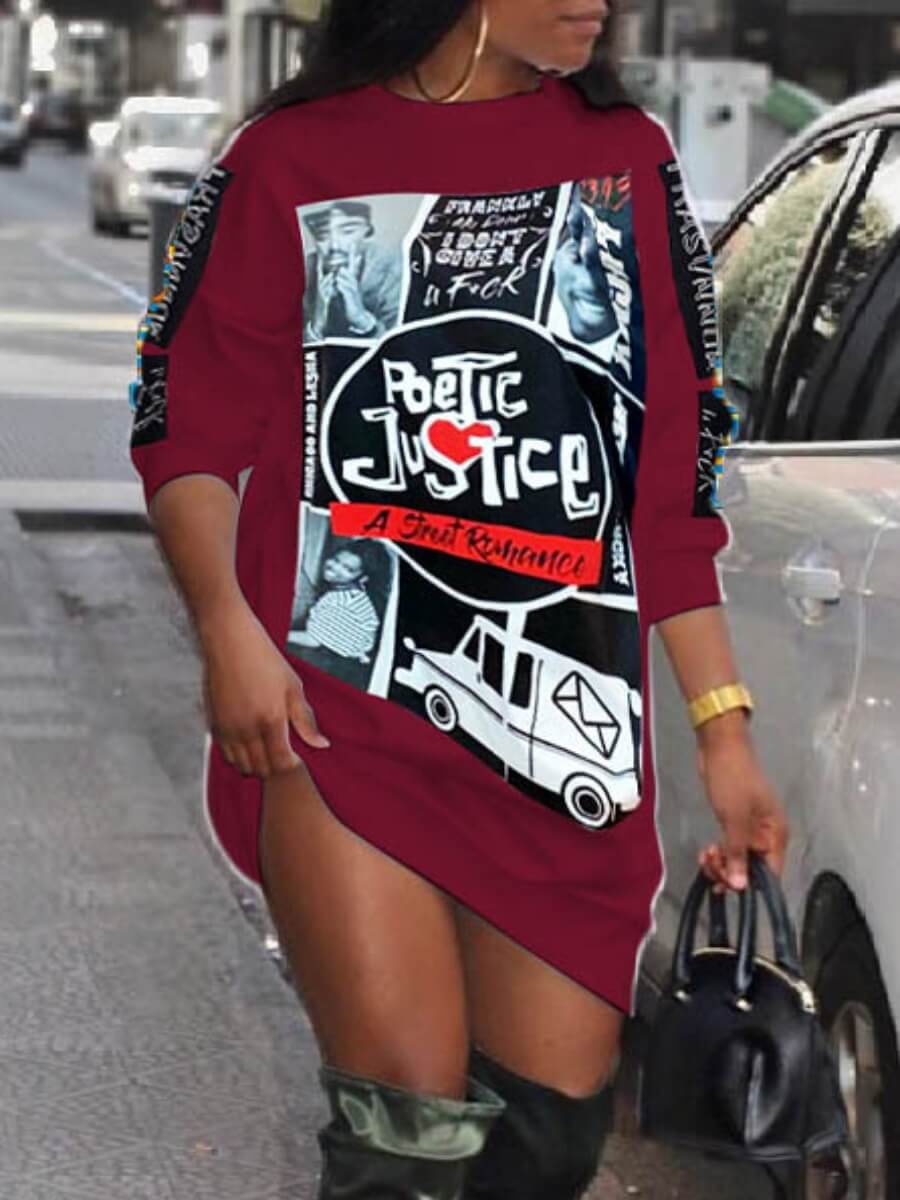 

Lovely Street O Neck Print Wine Red Knee Length Dress